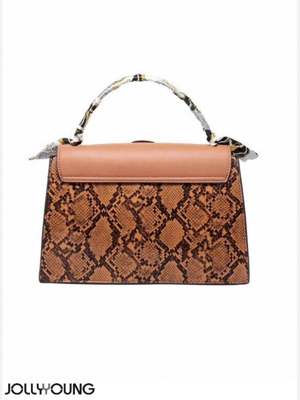 SANDRA Brun hndtaske i imiteret slangeskind 