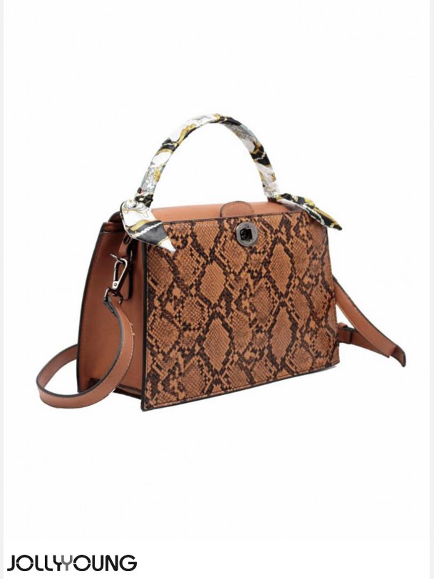SANDRA Brun hndtaske i imiteret slangeskind 