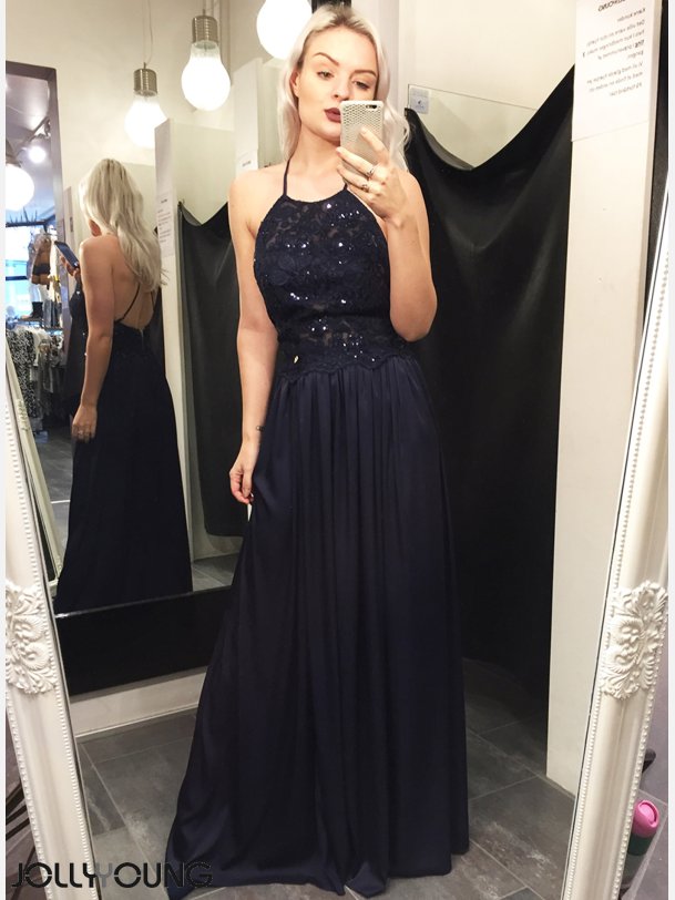 VIVIAN Lang kjole i navy farve med sten og broderier