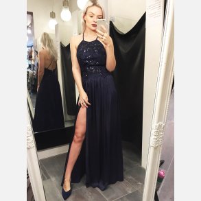 VIVIAN Lang kjole i navy farve med sten og broderier