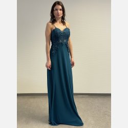 ZAHRA Lang kjole med sten og broderier i turkis farve