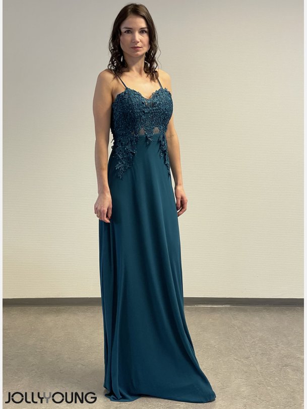 ZAHRA Lang kjole med sten og broderier i turkis farve