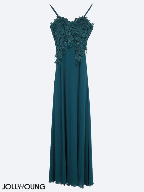 ZAHRA Lang kjole med sten og broderier i turkis farve