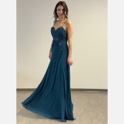 ZAHRA Lang kjole med sten og broderier i turkis farve