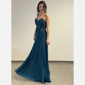 ZAHRA Lang kjole med sten og broderier i turkis farve