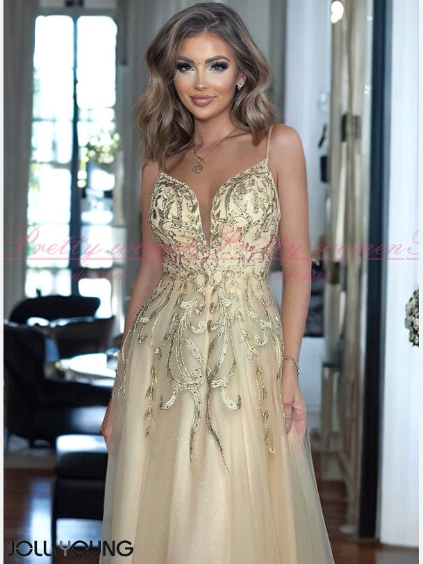 AURELLA-Gylden Maxi Kjole med Delikate Stropper og Elegante Broderier