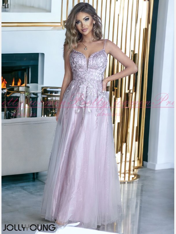 AURELLA -Lyng Maxi Kjole med Fine Stropper og Elegante Broderier