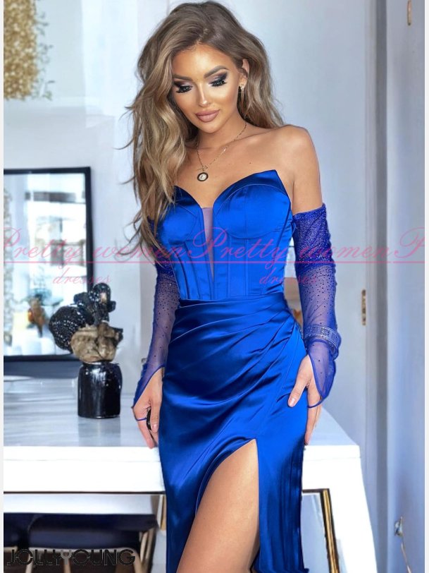 BEATRIZ-Bl Stropls Gallakjole med Lang Slids og Mesh-rmer