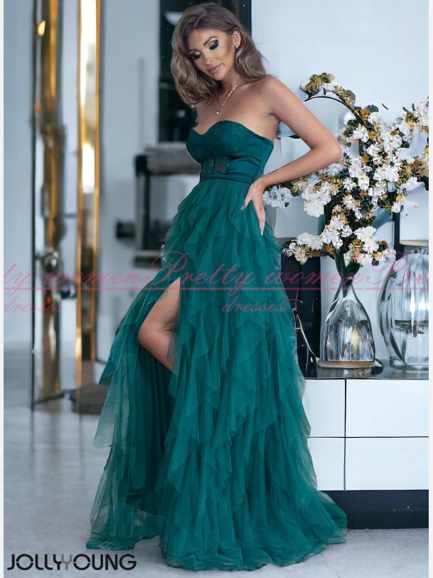 CORDEON - Grn Stropls Maxi Kjole med Lang Slids og Corsage-Stil Top