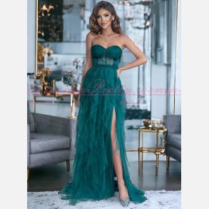 CORDEON - Grn Stropls Maxi Kjole med Lang Slids og Corsage-Stil Top