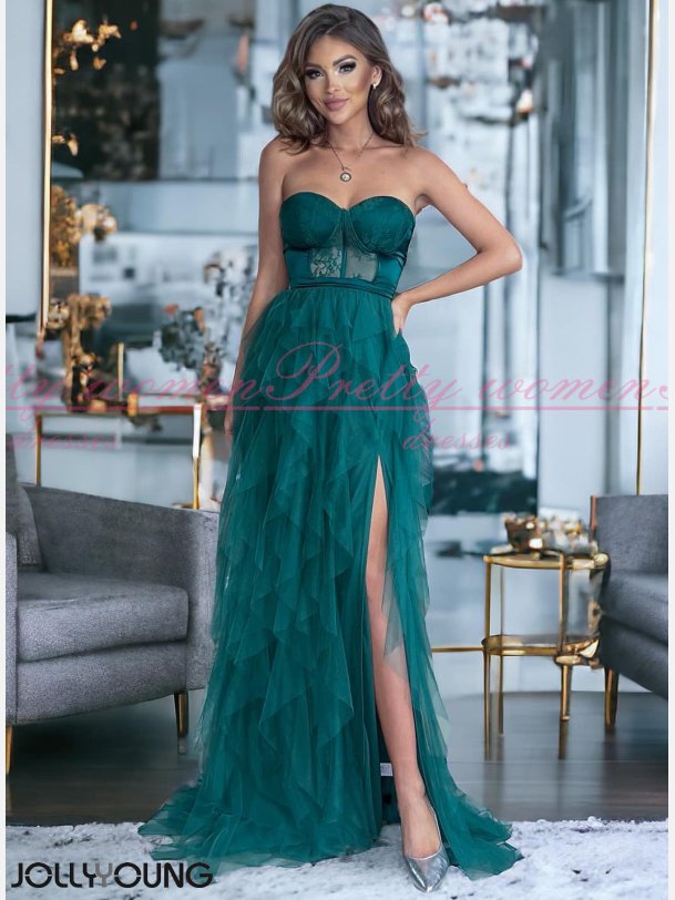 CORDEON - Grn Stropls Maxi Kjole med Lang Slids og Corsage-Stil Top