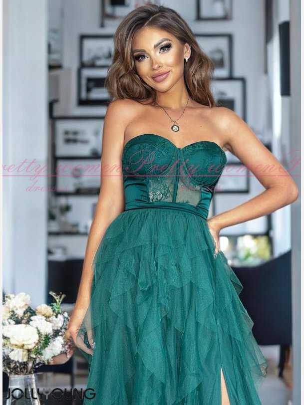 CORDEON - Grn Stropls Maxi Kjole med Lang Slids og Corsage-Stil Top