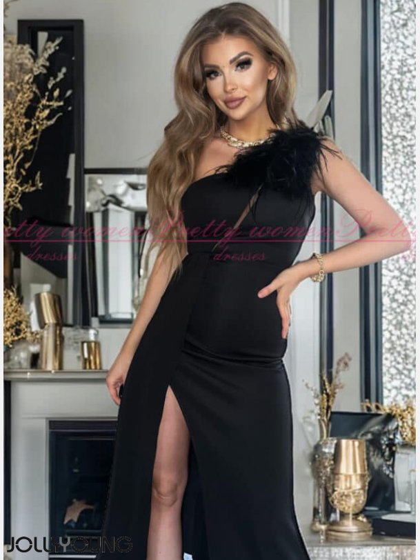 ETHANY-Glamours Sort Maxi One Shoulder Kjole med Fjerdetaljer