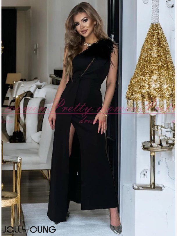 ETHANY-Glamours Sort Maxi One Shoulder Kjole med Fjerdetaljer