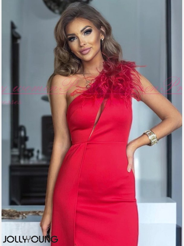 ETHANY-Luksuris Rd Maxi One Shoulder Kjole med Elegante Fjerdetaljer