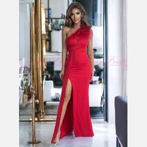 ETHANY-Luksuris Rd Maxi One Shoulder Kjole med Elegante Fjerdetaljer