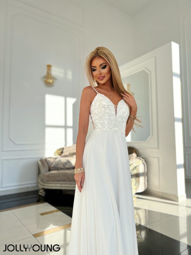 EXCLUSIVE Lang kjole i hvid farve med broderier