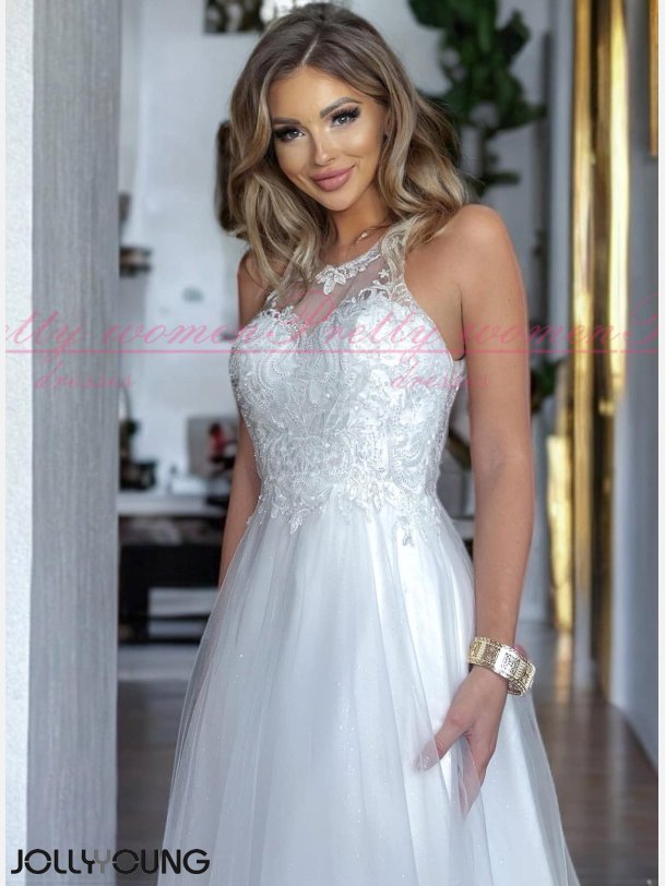 HELENA-Hvid Maxi Kjole: Brudekjole med Dekorative Broderier