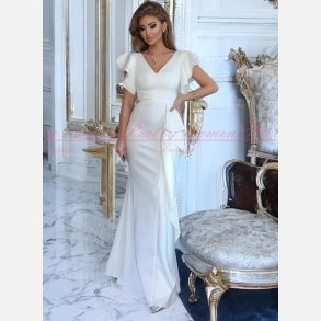 ODEL-Elegant Hvid Lang Kjole med Flser og V-udskringer