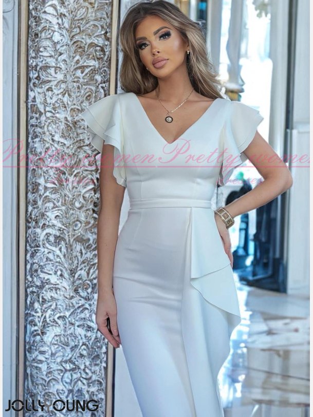 ODEL-Elegant Hvid Lang Kjole med Flser og V-udskringer