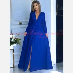 RUSSEL-Bl Lang Kjole med V-Udskring, Lange rmer og Slids