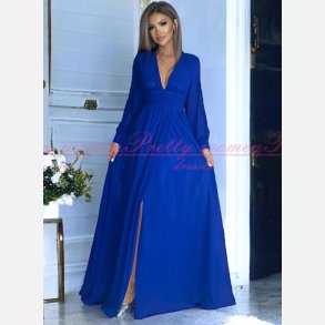 RUSSEL-Bl Lang Kjole med V-Udskring, Lange rmer og Slids