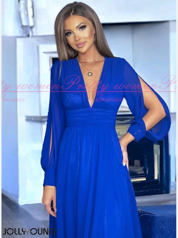 RUSSEL-Bl Lang Kjole med V-Udskring, Lange rmer og Slids