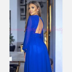 RUSSEL-Bl Lang Kjole med V-Udskring, Lange rmer og Slids