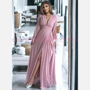 RUSSEL-Lysrd Lang Kjole med V-Udskring, Lange rmer og Slids