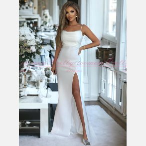 TRUDI-Hvid Maxi Kjole med Fine Stropper og Dekorative Sten