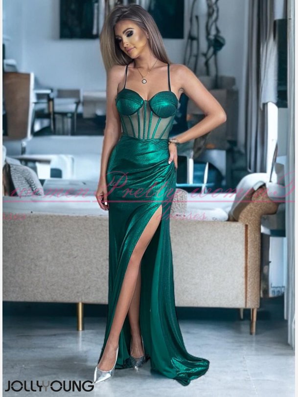 WIRENKA-Grn Maxi Kjole med Krydsede Stropper og Lang Slids 