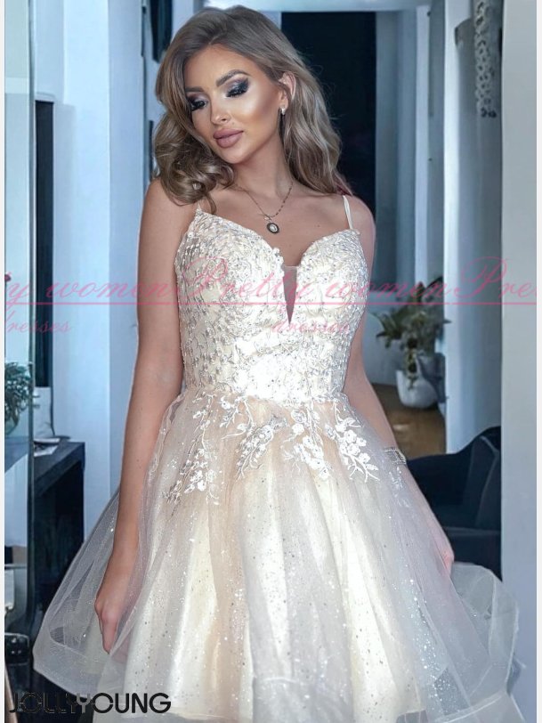 ZUZANNA-Beige Skinende Gylden Kort Kjole med Mesh Nederdel og Snring i Ryggen