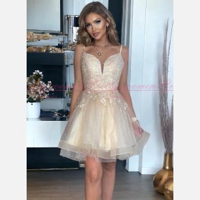 ZUZANNA-Beige Skinende Gylden Kort Kjole med Mesh Nederdel og Snring i Ryggen