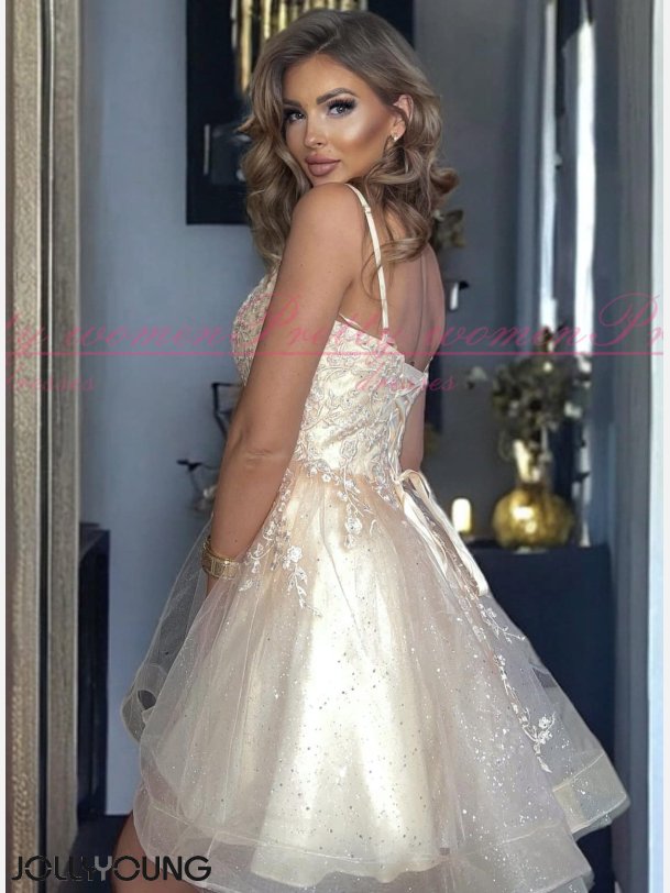 ZUZANNA-Beige Skinende Gylden Kort Kjole med Mesh Nederdel og Snring i Ryggen