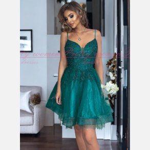 ZUZANNA-Grn Skinende Gylden Kort Kjole med Tynde Stropper og Snring i Ryggen