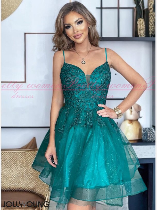 ZUZANNA-Grn Skinende Gylden Kort Kjole med Tynde Stropper og Snring i Ryggen